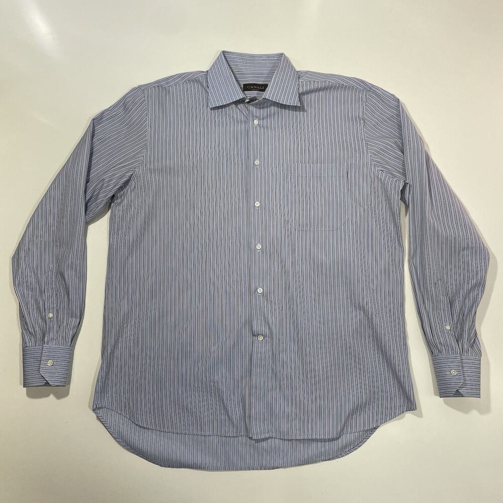 Canali Men’s Dress Shirt Light Blue White/Black Stripe Business Top 16.5/42